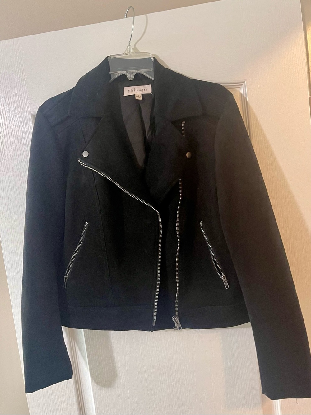 Philosophy Black Suede Moto Jacket with Silver Zippers